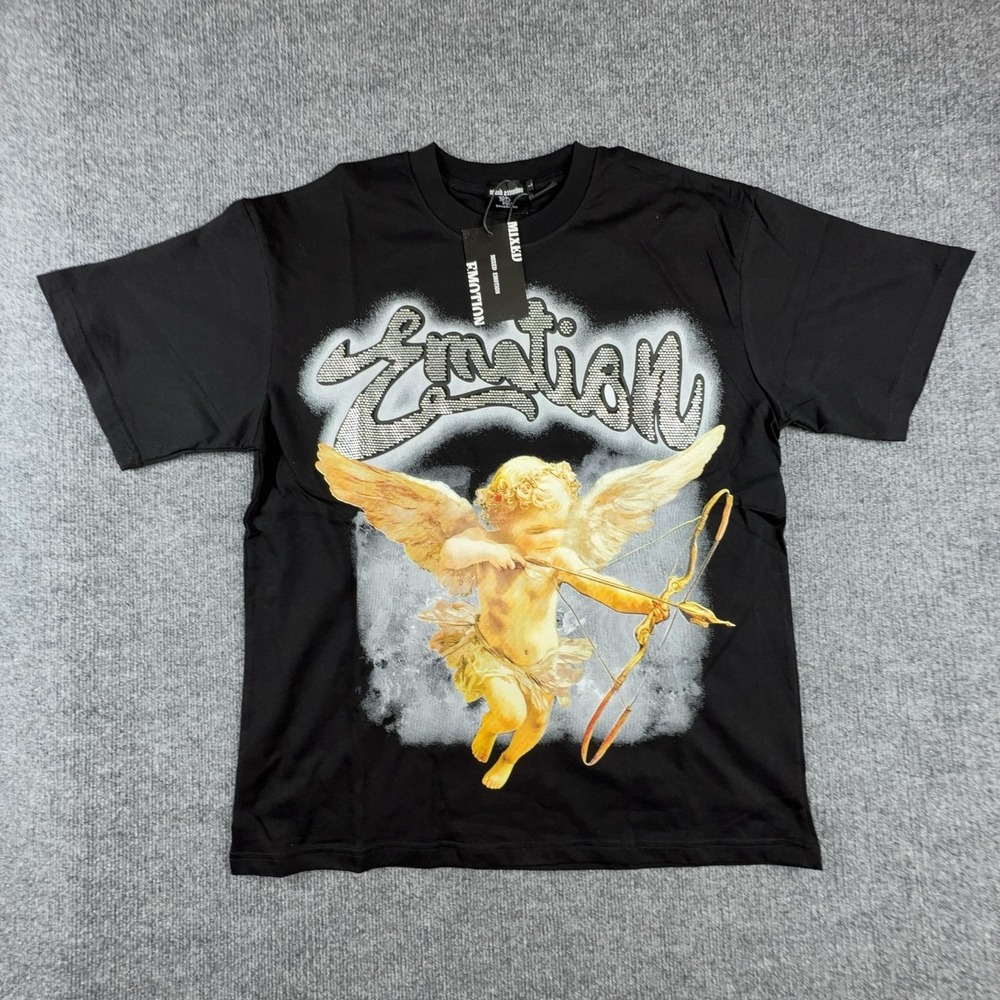 Mixed Emotion Shirt Mens Large Black Angel Graphic Streetwear Rhinestone Tee